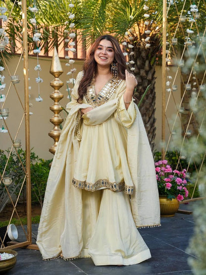 Women Embroidered Chinon Kurta Palazzo Dupatta Set with Mirror Work Ethnic Wear