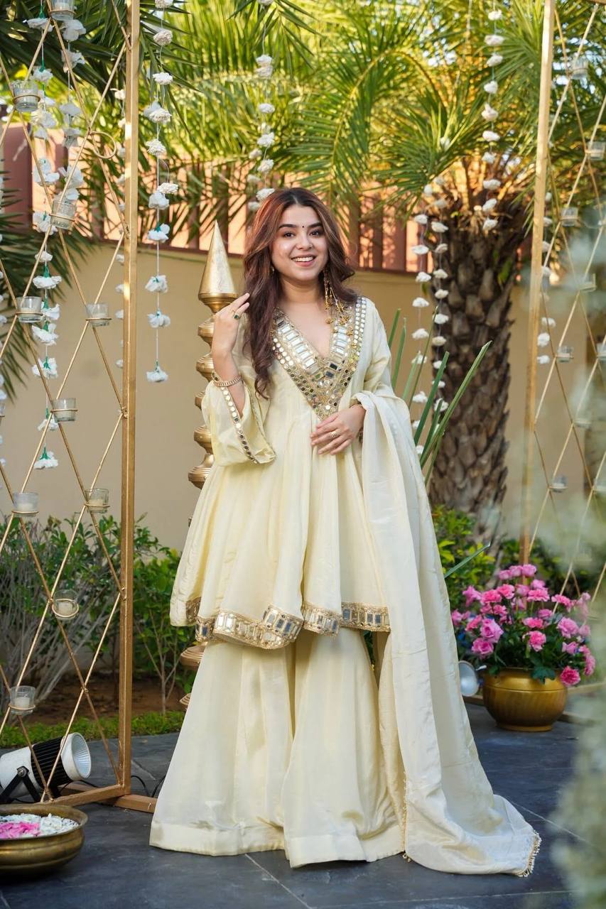 Women Embroidered Chinon Kurta Palazzo Dupatta Set with Mirror Work Ethnic Wear