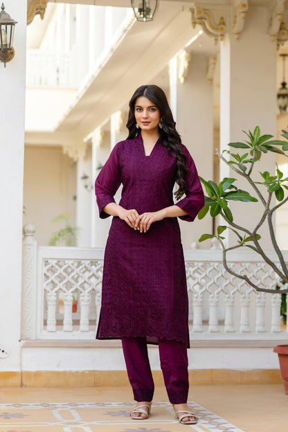Women’s Wine Roman Silk Chikankari Kurti Pant Set with Kota Dupatta