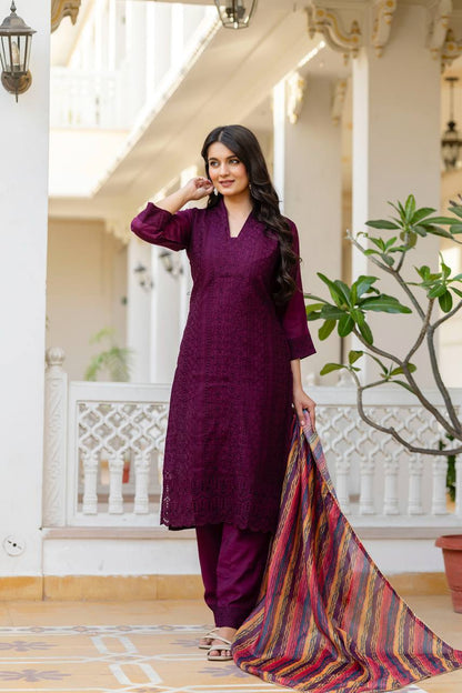 Women’s Wine Roman Silk Chikankari Kurti Pant Set with Kota Dupatta