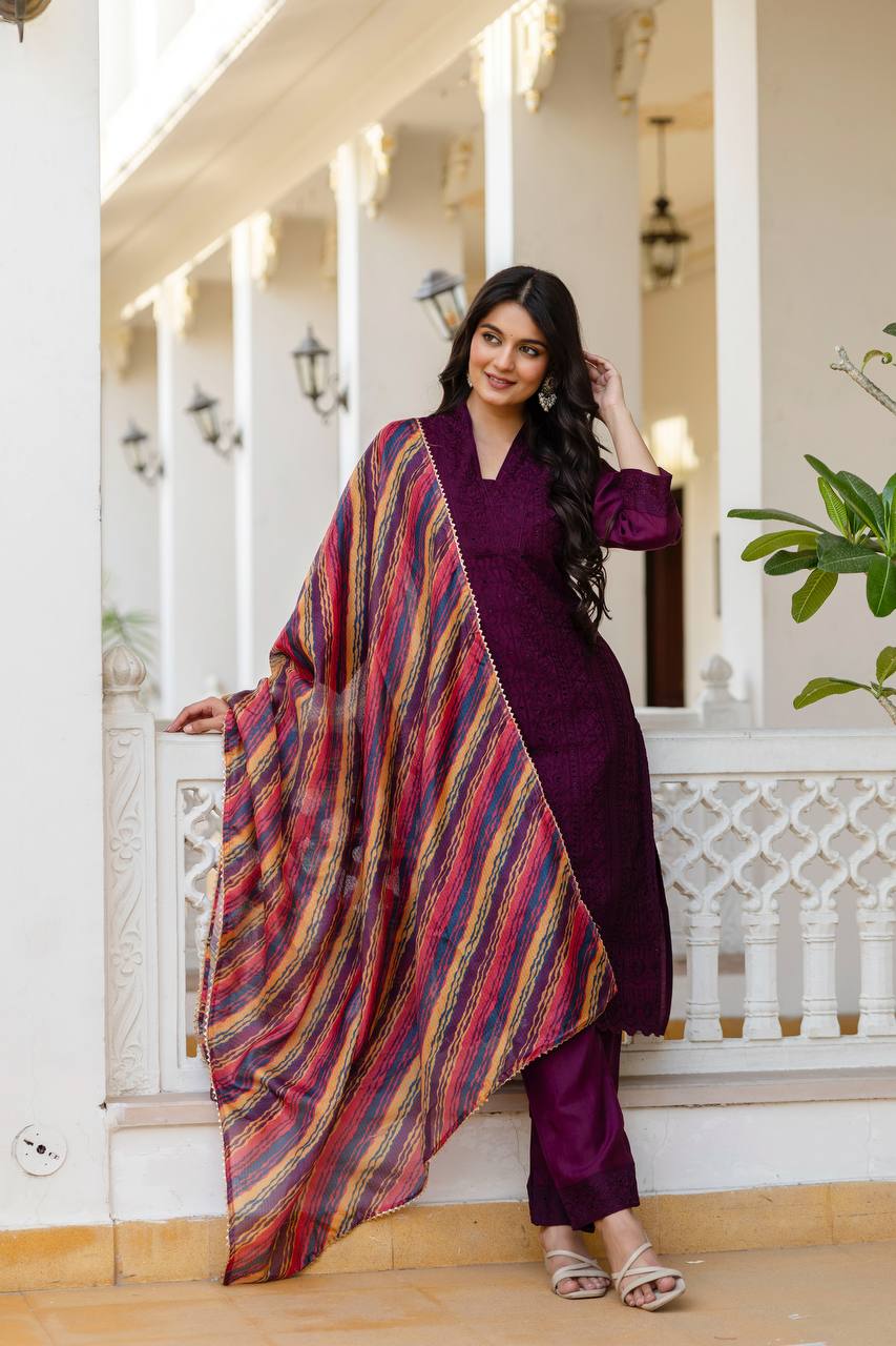 Women’s Wine Roman Silk Chikankari Kurti Pant Set with Kota Dupatta