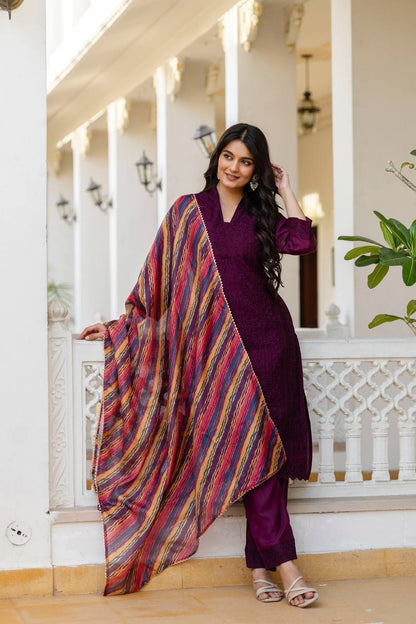 Women’s Wine Roman Silk Chikankari Kurti Pant Set with Kota Dupatta