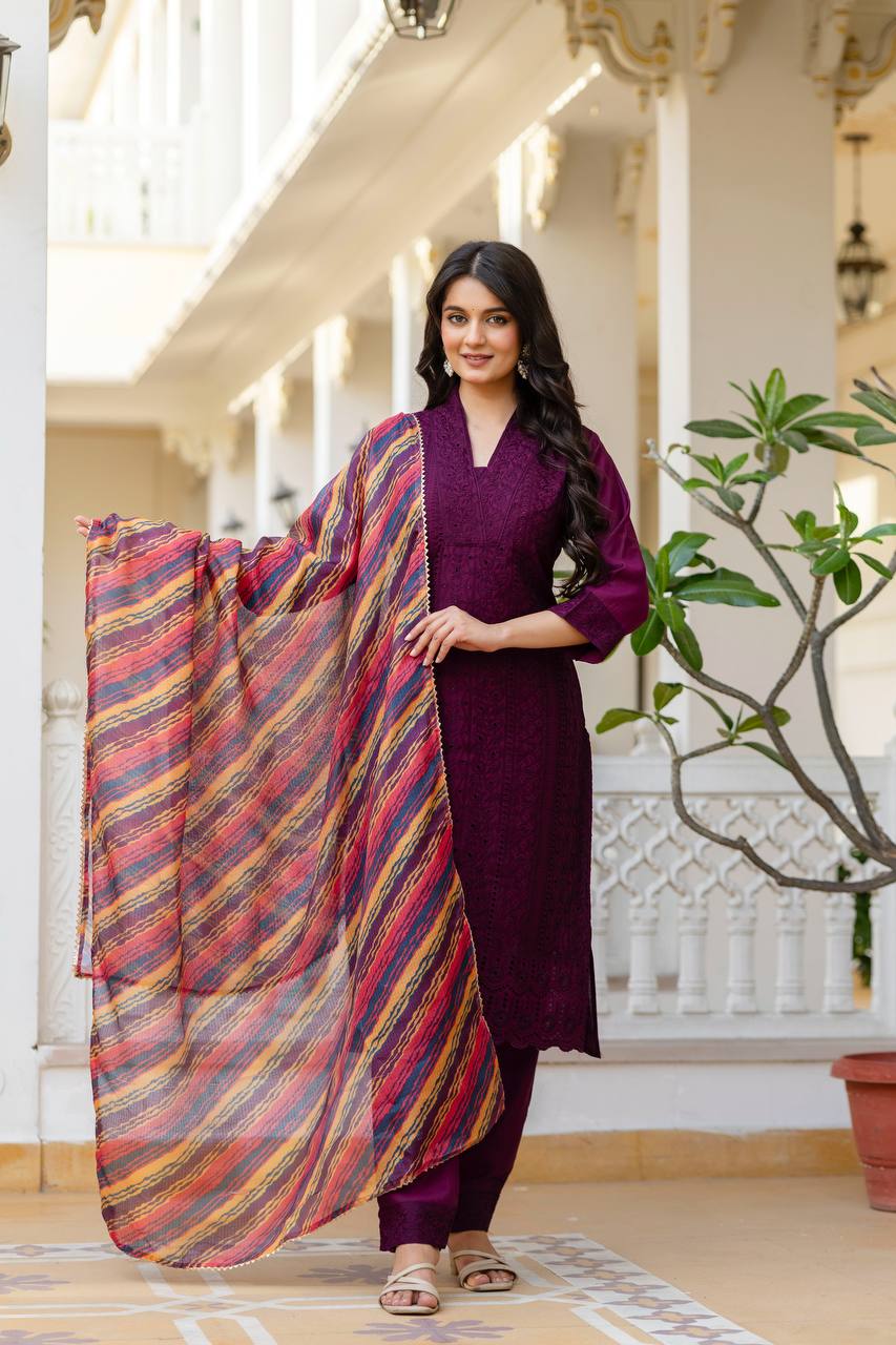 Women’s Wine Roman Silk Chikankari Kurti Pant Set with Kota Dupatta