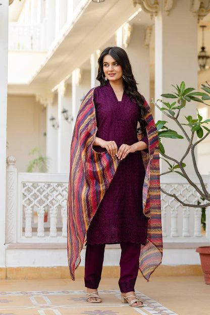Women’s Wine Roman Silk Chikankari Kurti Pant Set with Kota Dupatta