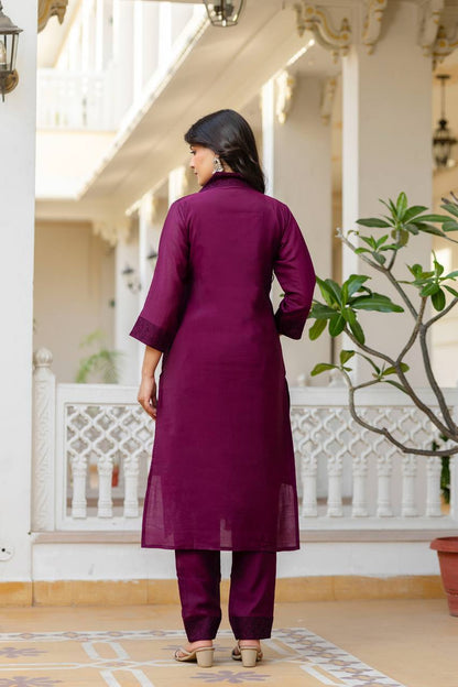 Women’s Wine Roman Silk Chikankari Kurti Pant Set with Kota Dupatta