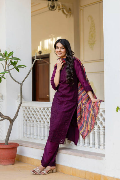 Women’s Wine Roman Silk Chikankari Kurti Pant Set with Kota Dupatta
