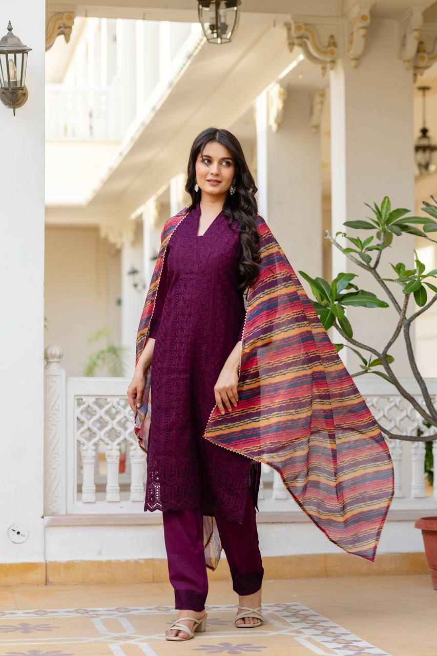 Women’s Wine Roman Silk Chikankari Kurti Pant Set with Kota Dupatta