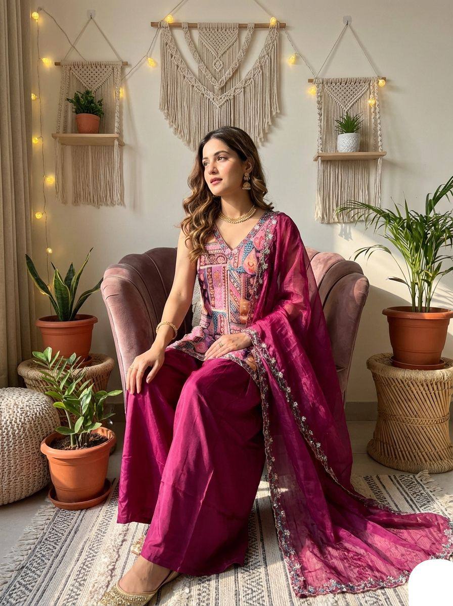 Women's Traditional Embroidered Kurta Set with Palazzo and Dupatta