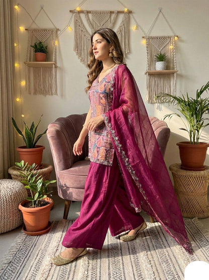 Women's Traditional Embroidered Kurta Set with Palazzo and Dupatta