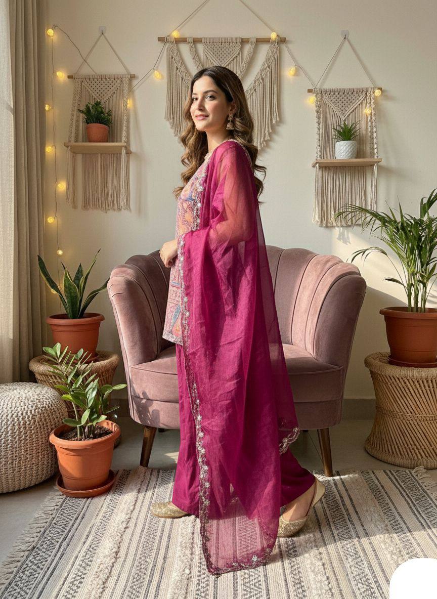 Women's Traditional Embroidered Kurta Set with Palazzo and Dupatta
