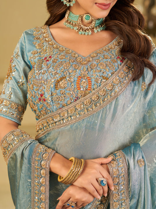 Sky Blue Designer Fendy Satin Saree with Heavy Embroidered Blouse & Stone Work Border | Premium Wedding Party Wear Saree