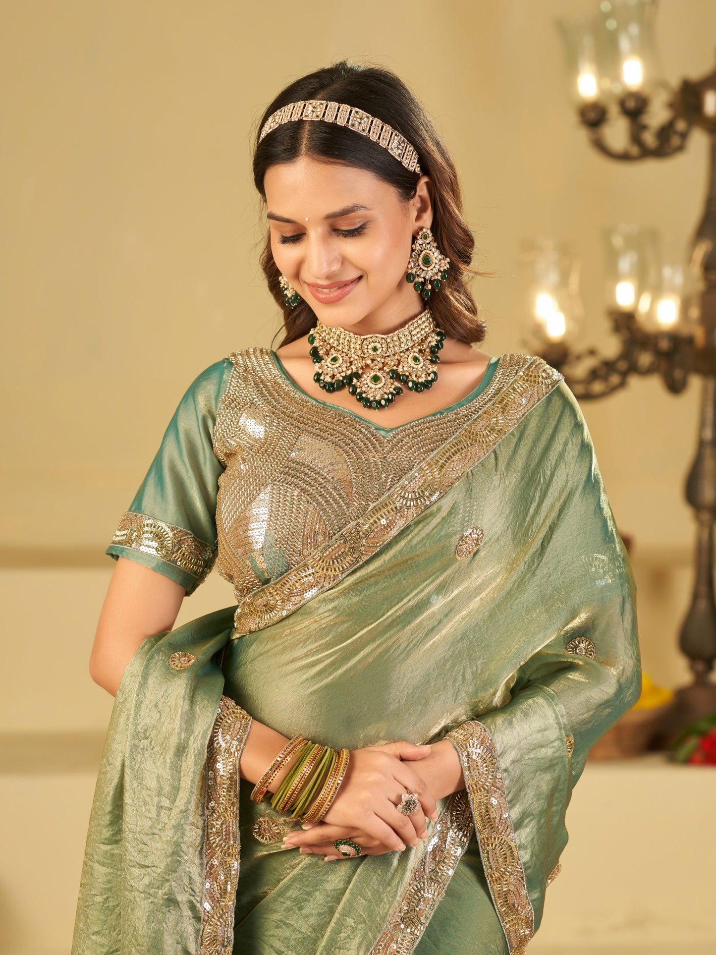 Sage Green Dual Tone Designer Fendy Satin Saree with Heavy Embroidered Blouse & Sequin Border | Premium Wedding Party Wear Saree