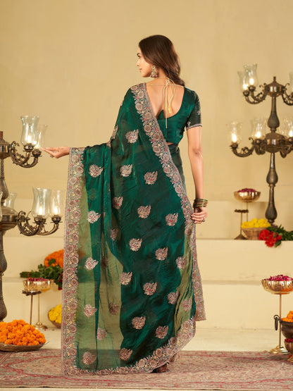Emerald Green Designer Fendy Satin Saree with Heavy Floral Embroidery Work | Premium Wedding & Party Wear Embroidered Saree with Blouse