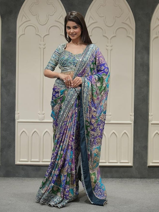 Multi-Color Printed Silk Saree with Blouse | Festive & Wedding Wear (blue)