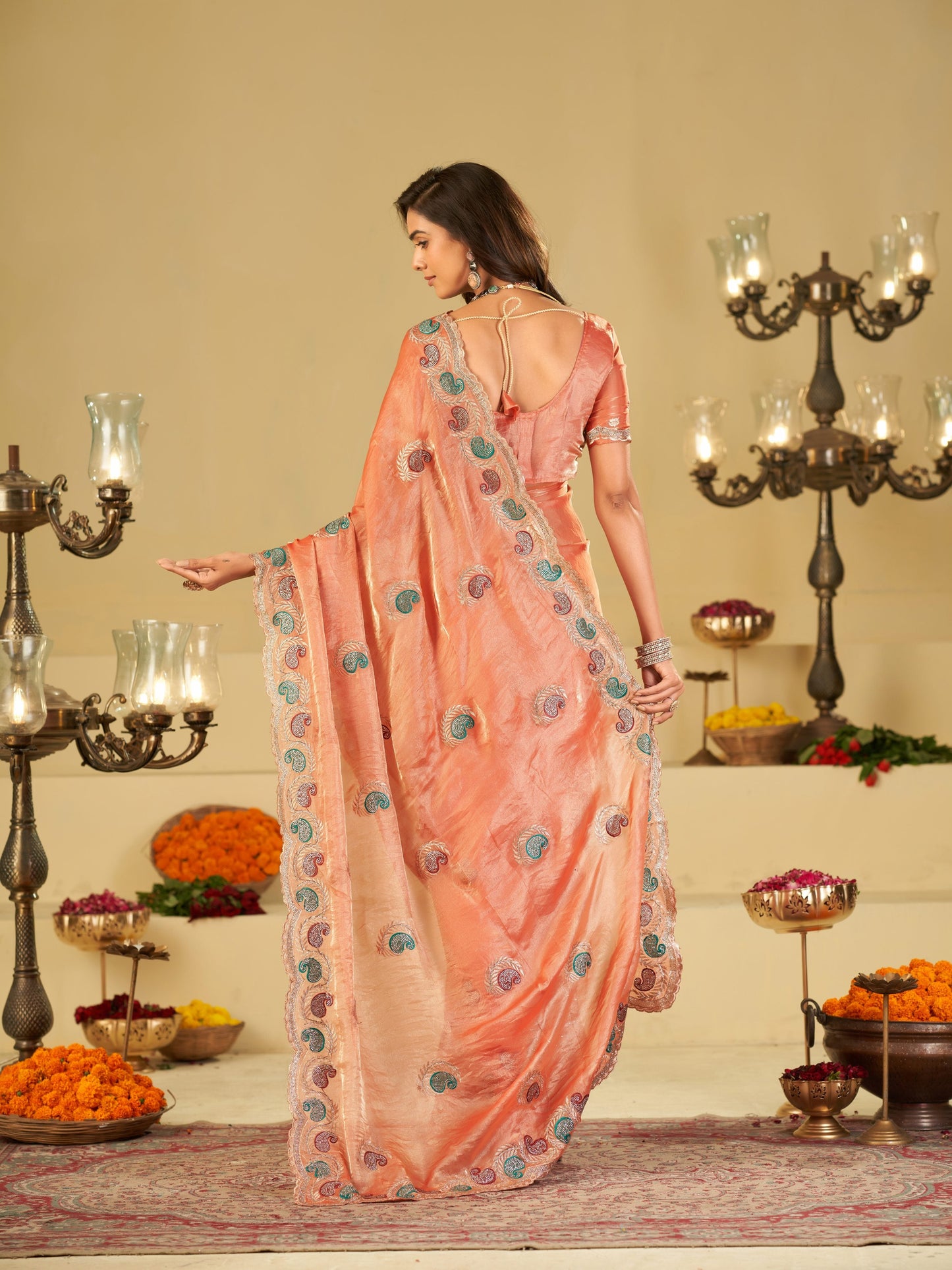 Peach Designer Fendy Satin Saree with Multicolor Paisley Embroidery & Scalloped Embroidered Border | Elegant Festive Party Wear Saree