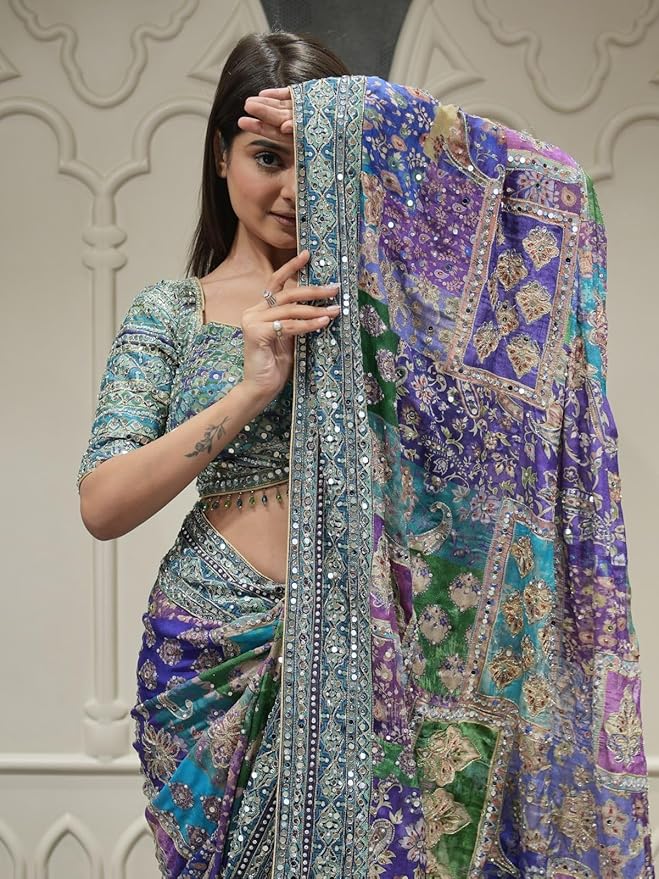 Multi-Color Printed Silk Saree with Blouse | Festive & Wedding Wear (blue)