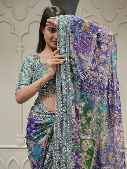 Multi-Color Printed Silk Saree with Blouse | Festive & Wedding Wear (blue)