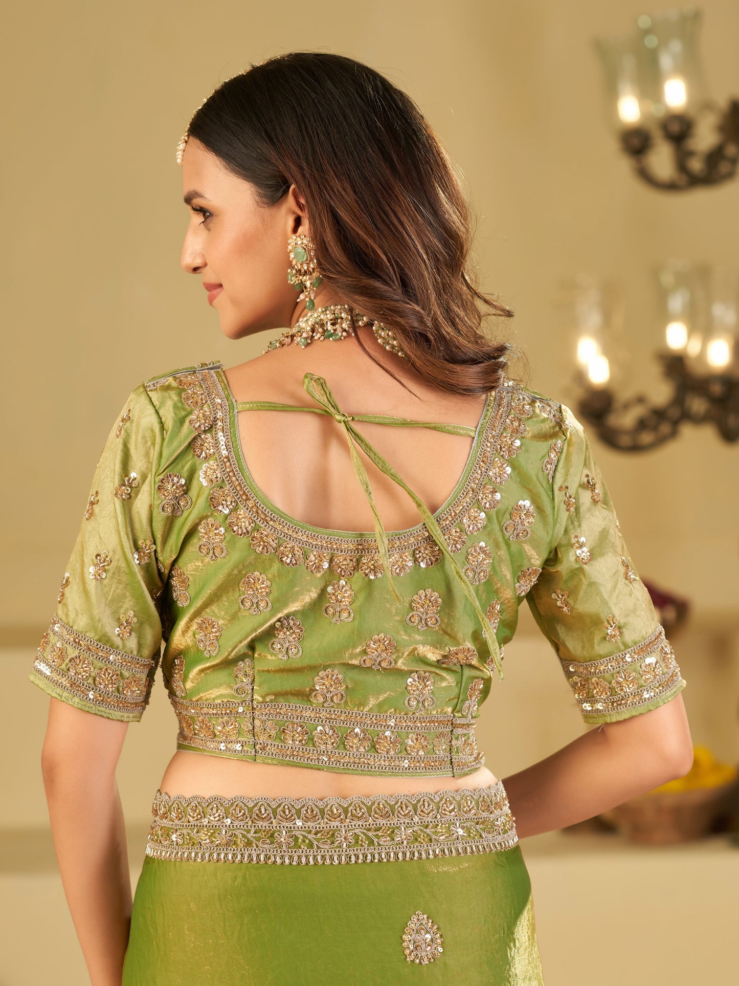 Pista Green Designer Fendy Satin Saree with Heavy Embroidered Blouse & Sequin Border | Premium Wedding Party Wear Saree