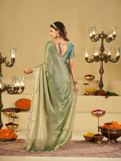 Sage Green Dual Tone Designer Fendy Satin Saree with Heavy Embroidered Blouse & Sequin Border | Premium Wedding Party Wear Saree