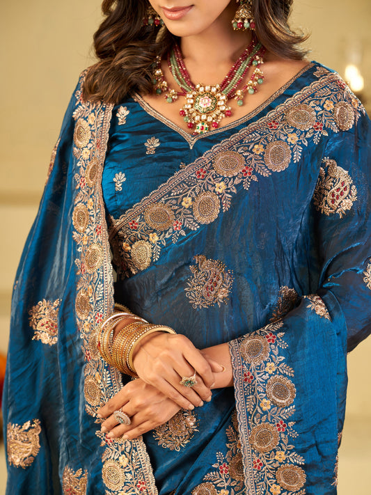 Royal Blue Designer Fendy Satin Saree with Heavy Floral Embroidery Work | Premium Party Wear Wedding Saree with Embroidered Border & Blouse