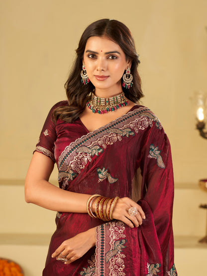 Wine Maroon Designer Fendy Satin Saree with Heavy Embroidered Border | Premium Festive Party Wear Saree with Elegant Embroidery & Matching Blouse