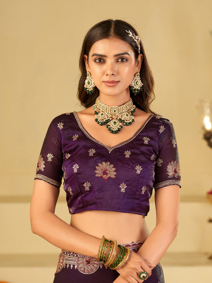 Royal Purple Designer Fendy Satin Saree with Heavy Embroidered Border | Premium Festive Party Wear Saree with Elegant Floral Embroidery & Matching Blouse