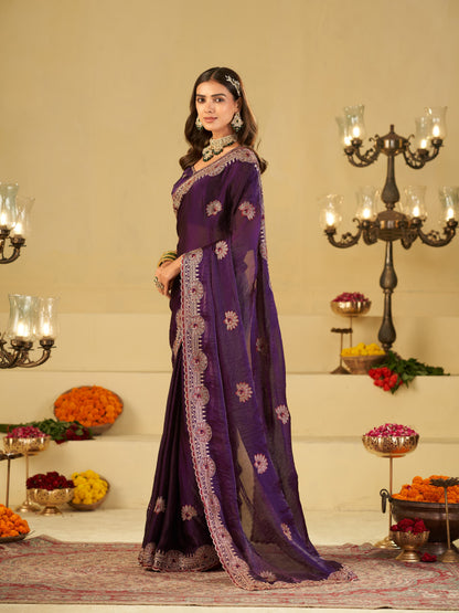 Royal Purple Designer Fendy Satin Saree with Heavy Embroidered Border | Premium Festive Party Wear Saree with Elegant Floral Embroidery & Matching Blouse