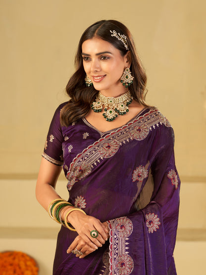 Royal Purple Designer Fendy Satin Saree with Heavy Embroidered Border | Premium Festive Party Wear Saree with Elegant Floral Embroidery & Matching Blouse