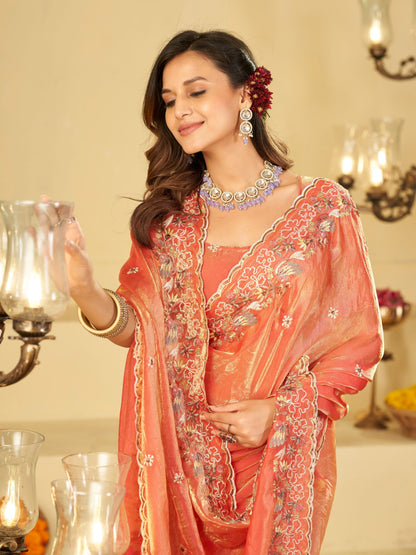 Peach Pink Fendy Satin Saree with Multicolor Floral Embroidery Border | Elegant Designer Party Wear Saree with Blouse