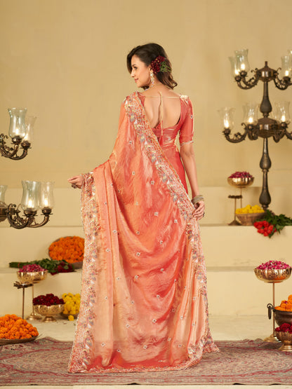Peach Pink Fendy Satin Saree with Multicolor Floral Embroidery Border | Elegant Designer Party Wear Saree with Blouse