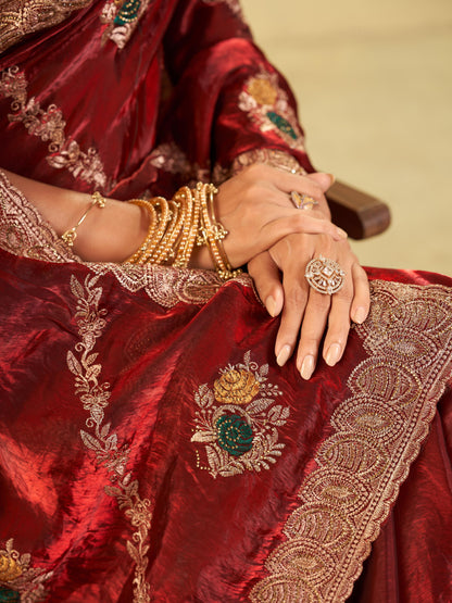 Wine Red Designer Fendy Satin Saree with Floral Embroidery Work | Premium Party Wear Embroidered Saree with Blouse