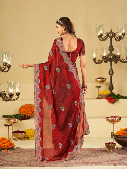 Ruby Red Designer Fendy Satin Saree with Heavy Embroidered Border | Premium Festive Party Wear Saree with Elegant Floral Embroidery & Matching Blouse