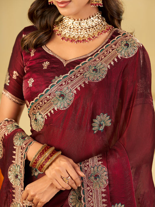 Wine Maroon Designer Fendy Satin Saree with Heavy Embroidered Border | Elegant Party Wear Festive Saree with Floral Embroidery & Matching Blouse