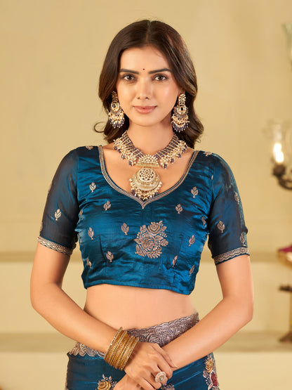 Teal Blue Designer Fendy Satin Saree with Floral Embroidery Work | Premium Party Wear Embroidered Saree with Blouse
