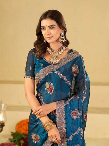 Teal Blue Designer Fendy Satin Saree with Floral Embroidery Work | Premium Party Wear Embroidered Saree with Blouse