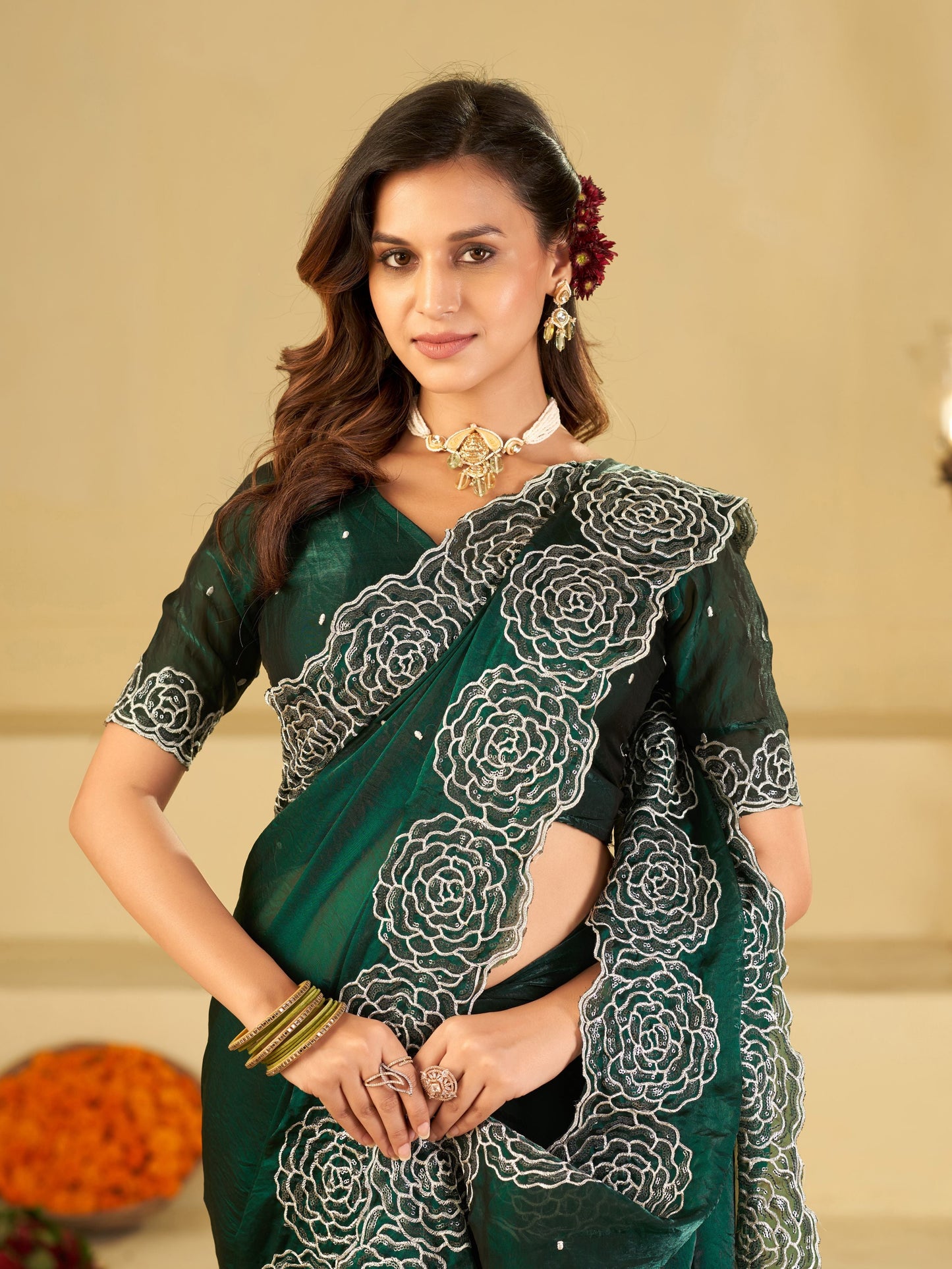 Bottle Green Fendy Satin Saree with White Floral Embroidery Border | Elegant Designer Party Wear Saree with Blouse