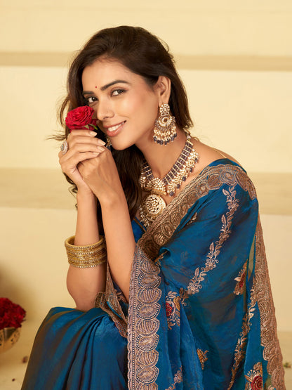 Teal Blue Designer Fendy Satin Saree with Floral Embroidery Work | Premium Party Wear Embroidered Saree with Blouse