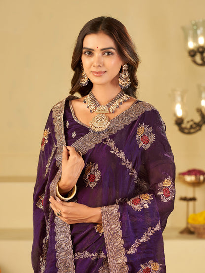 Royal Purple Designer Fendy Satin Saree with Floral Embroidery Work | Premium Party Wear Embroidered Saree with Blouse