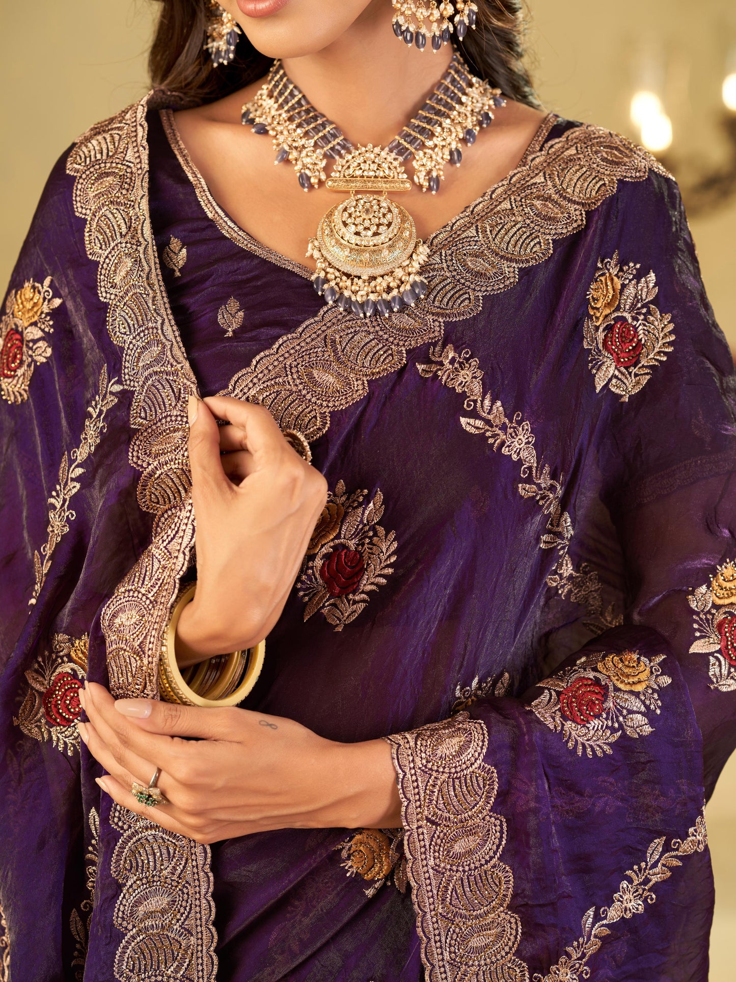 Royal Purple Designer Fendy Satin Saree with Floral Embroidery Work | Premium Party Wear Embroidered Saree with Blouse