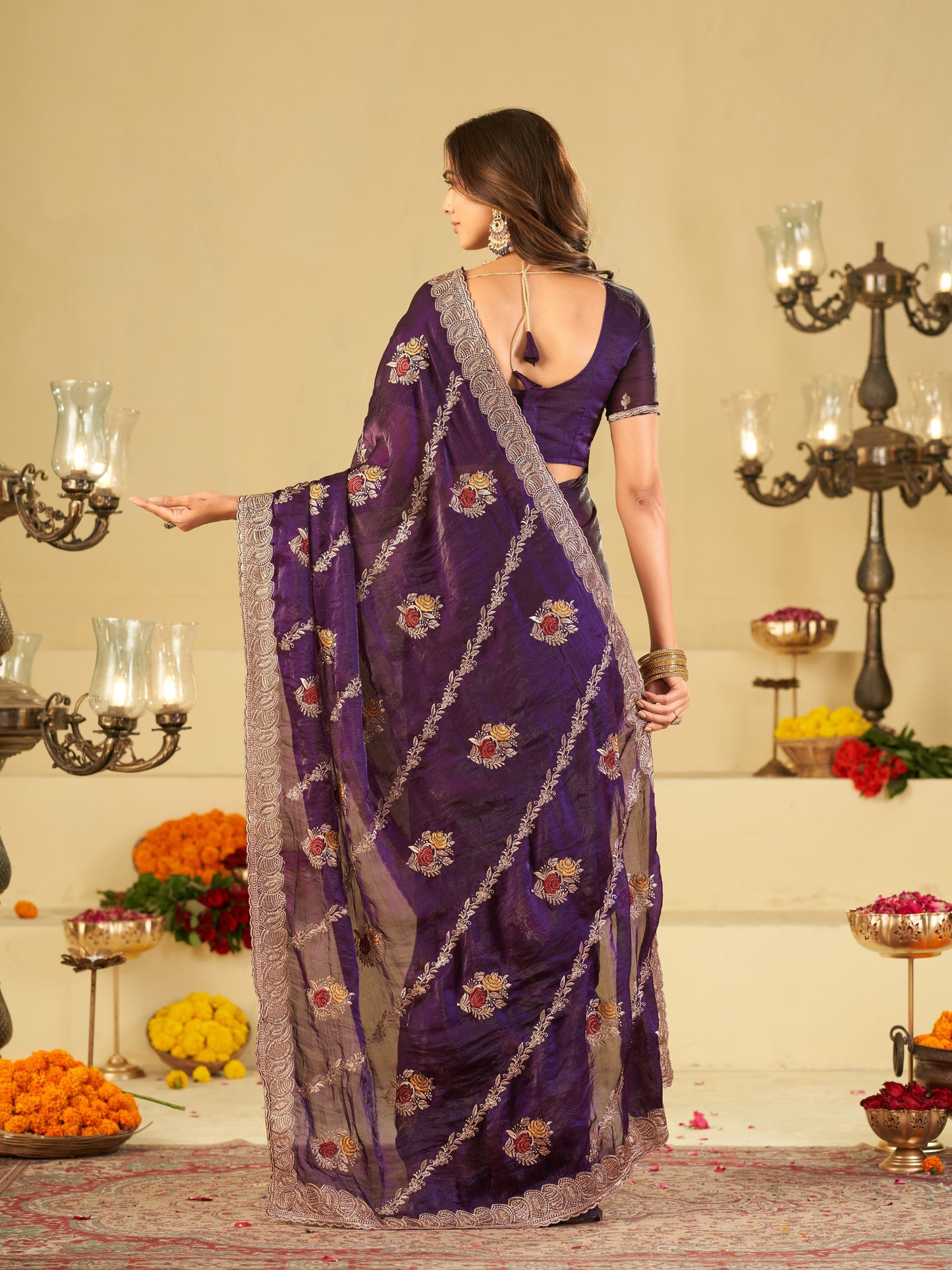 Royal Purple Designer Fendy Satin Saree with Floral Embroidery Work | Premium Party Wear Embroidered Saree with Blouse