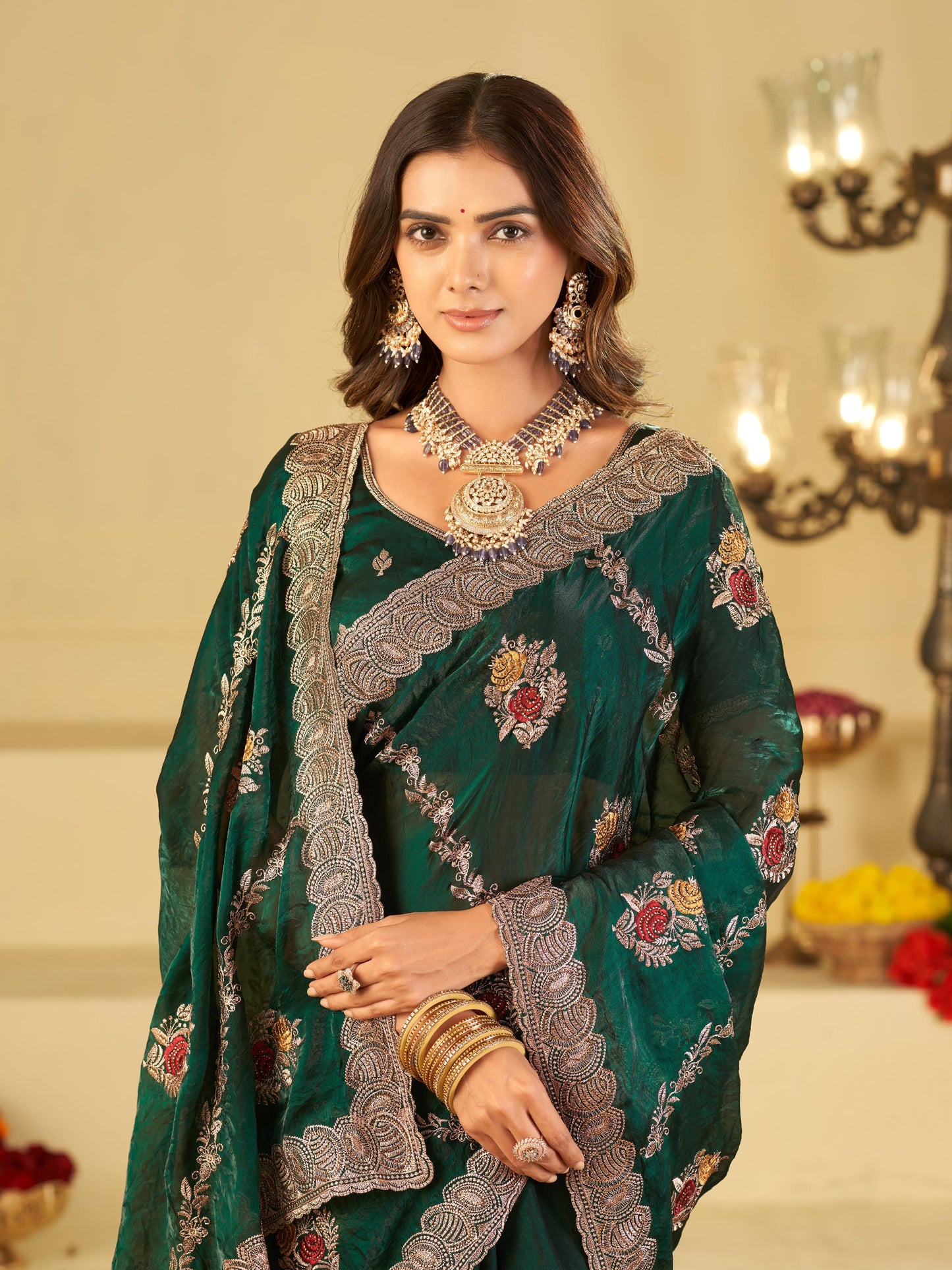Emerald Green Designer Fendy Satin Saree with Floral Embroidery Work | Premium Party Wear Embroidered Saree with Blouse