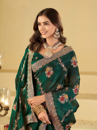 Emerald Green Designer Fendy Satin Saree with Floral Embroidery Work | Premium Party Wear Embroidered Saree with Blouse