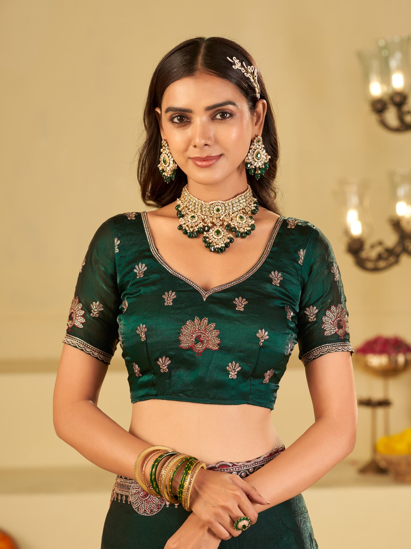 Emerald Green Designer Fendy Satin Saree with Heavy Embroidered Border | Premium Festive Party Wear Saree with Elegant Floral Embroidery & Matching Blouse