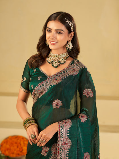 Emerald Green Designer Fendy Satin Saree with Heavy Embroidered Border | Premium Festive Party Wear Saree with Elegant Floral Embroidery & Matching Blouse