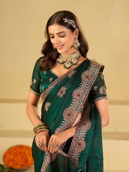 Emerald Green Designer Fendy Satin Saree with Heavy Embroidered Border | Premium Festive Party Wear Saree with Elegant Floral Embroidery & Matching Blouse