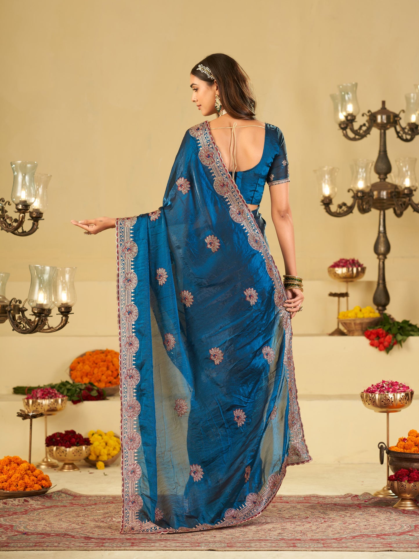 Royal Blue Designer Fendy Satin Saree with Heavy Embroidered Border | Premium Festive Party Wear Saree with Elegant Floral Embroidery & Matching Blouse