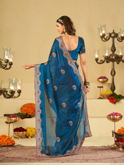 Royal Blue Designer Fendy Satin Saree with Heavy Embroidered Border | Premium Festive Party Wear Saree with Elegant Floral Embroidery & Matching Blouse