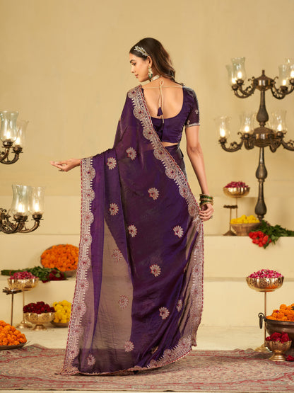 Royal Purple Designer Fendy Satin Saree with Heavy Embroidered Border | Premium Festive Party Wear Saree with Elegant Floral Embroidery & Matching Blouse
