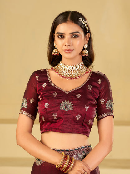 Wine Maroon Designer Fendy Satin Saree with Heavy Embroidered Border | Elegant Party Wear Festive Saree with Floral Embroidery & Matching Blouse