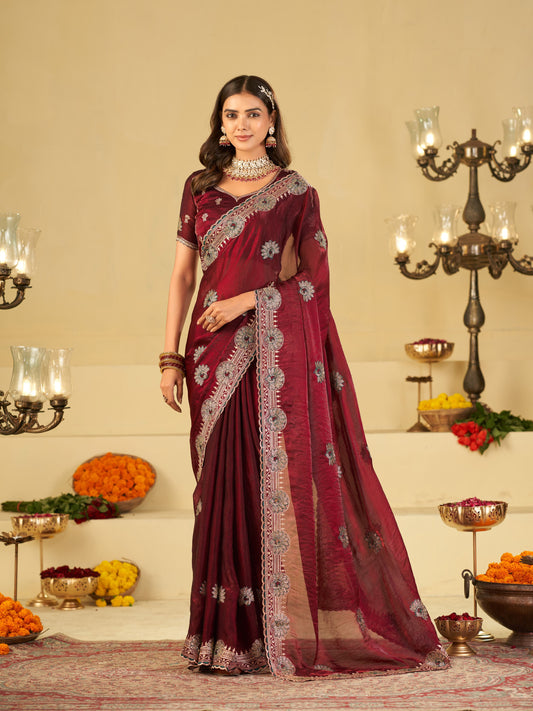 Wine Maroon Designer Fendy Satin Saree with Heavy Embroidered Border | Elegant Party Wear Festive Saree with Floral Embroidery & Matching Blouse